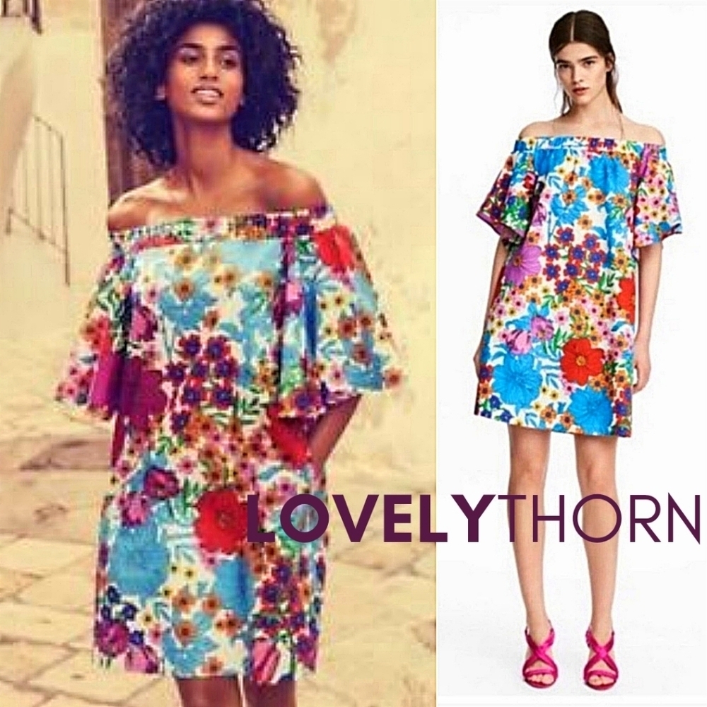 H&M // retro floral printed off-the-shoulder mini dress with pockets